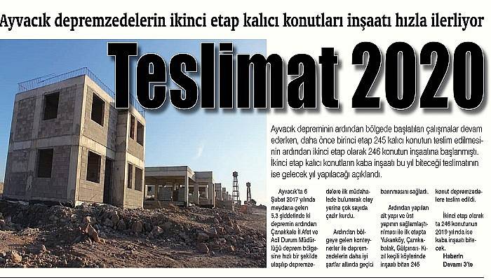 Ayvacık depremzedelerin ikinci etap kalıcı konutları inşaatı hızla ilerliyor, Teslimat 2020