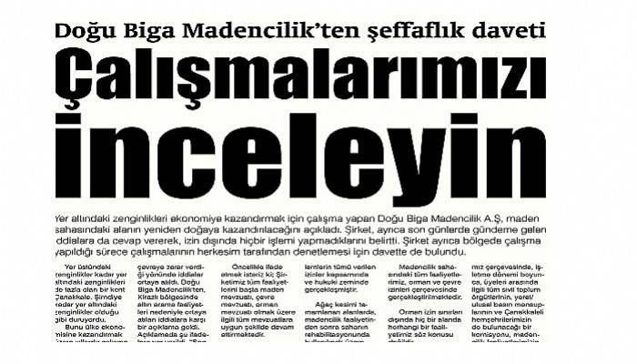 Doğu Biga Madencilik ’ten şeffaflık daveti
