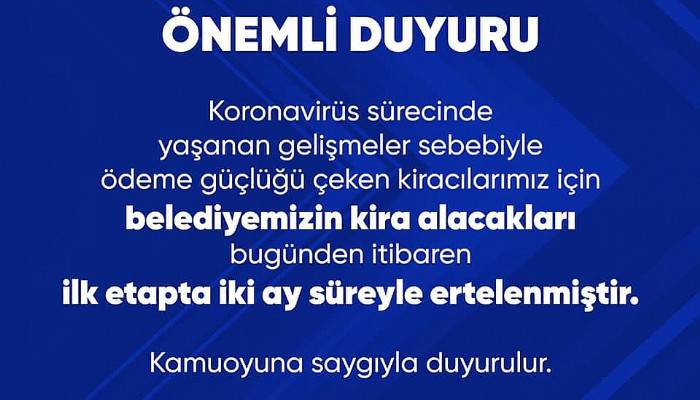 BİGA BELEDİYESİ KORONAVİRÜS NEDENİYLE KİRA ALACAKLARINI 2 AY ERTELEDİ