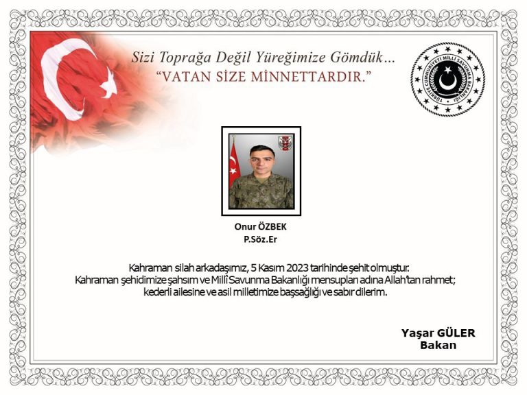 Zeytin Dalı Harekâtı bölgesinde silah kazası sonucu sözleşmeli Er Onur Özbek şehit oldu