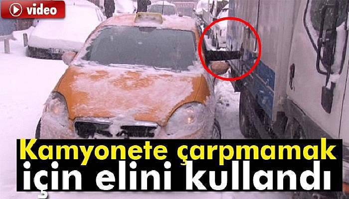 Kamyonete çarpmamak için elini kullandı