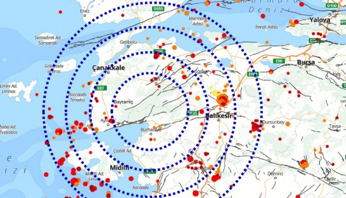 Büyük depreme en yakın yerleşim yerler Çan, Bayramiç ve Burhaniye