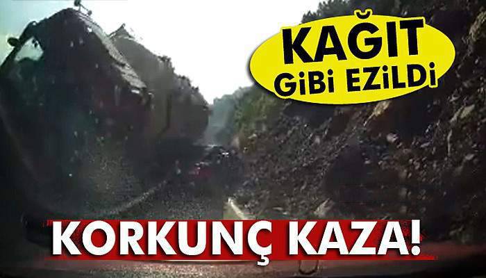 Tanker otomobilin üzerine devrildi