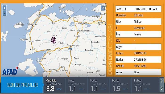 Çanakkale'de 3.8 büyüklüğünde deprem