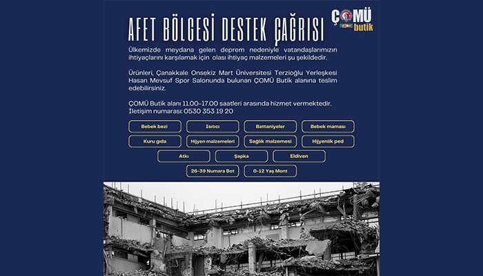 ÇOMÜ Butikten Afet Bölgesi İçin Destek Çağrısı