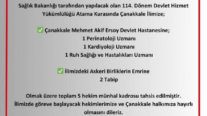 Çanakkale Sağlık İl Müdürlüğü: “”114. Dönem Devlet Hizmet Yükümlülüğü Atama Kurası Sonucu Hekim Atamaları Yapıldı