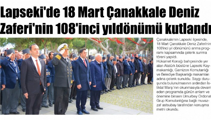 Lapseki'de 18 Mart Çanakkale Deniz Zaferi'nin 108'inci yıldönümü kutlandı