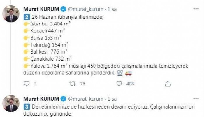 Bakan Kurum: Marmara Denizi'nde 7 bin 430 metreküp müsilajı bertaraf ettik