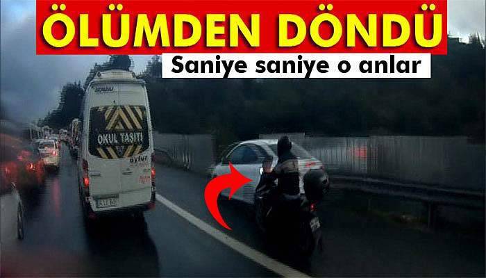 Emniyet şeridinde motorcu ölümden döndü