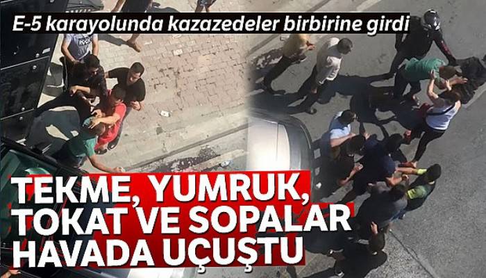 E-5 karayolunda kazazedeler birbirine girdi polis silah çekti