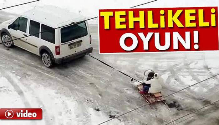 Afyonkarahisar’da araç ve kızakla tehlikeli oyun