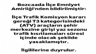 Bozcaada'da ATV'lerin Şehir Merkezine Girişi Yasaklandı